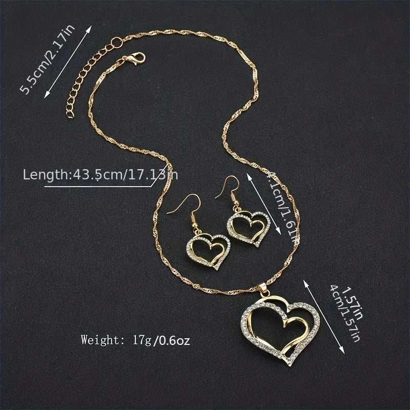 1 set Vintage Shiny  Jewelry Set Wedding Dinner Wedding Dress Accessories Double Love Peach Heart Shape Earrings Necklace