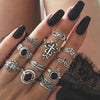 10 Style Black Opal Stone Crown Flower Elephant Crescent Ring Set for Women Metal Knuckle  Jewelry Accessories