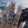 10 Style Black Opal Stone Crown Flower Elephant Crescent Ring Set for Women Metal Knuckle  Jewelry Accessories