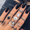 10 Style Black Opal Stone Crown Flower Elephant Crescent Ring Set for Women Metal Knuckle  Jewelry Accessories