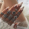 10 Style Black Opal Stone Crown Flower Elephant Crescent Ring Set for Women Metal Knuckle  Jewelry Accessories
