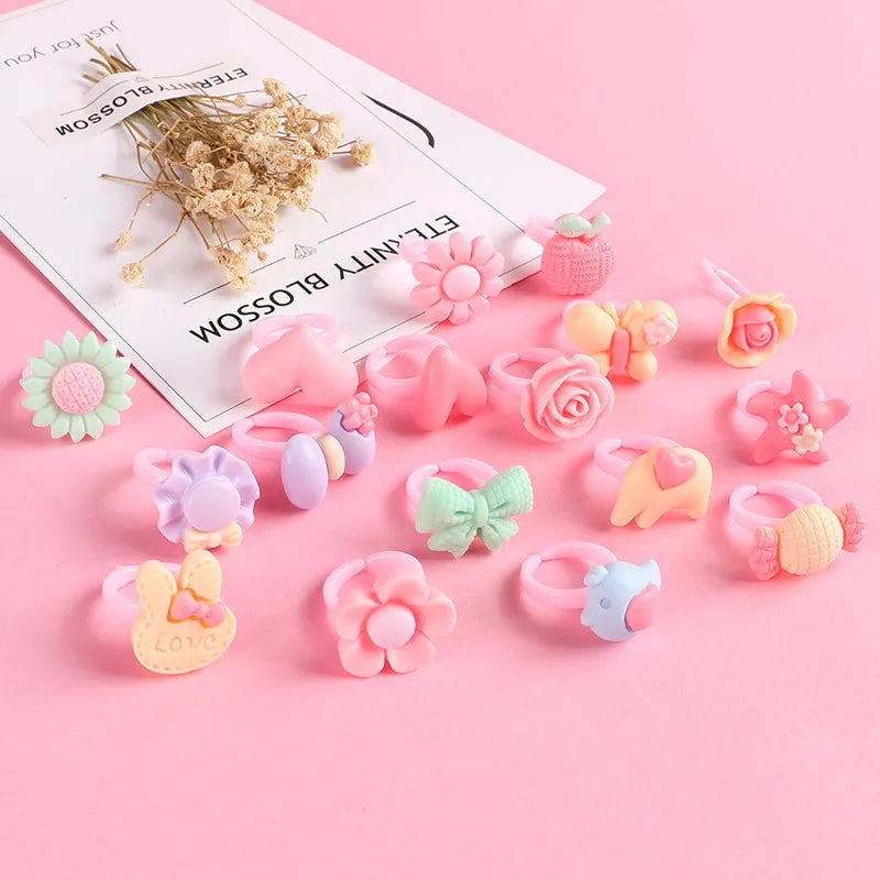 12pcs Ring For Children Jewelry  Colored Multicolor Ring Cute Girls Gifts  Lovely Fruit Scrub Animal Princess Suit Kinds