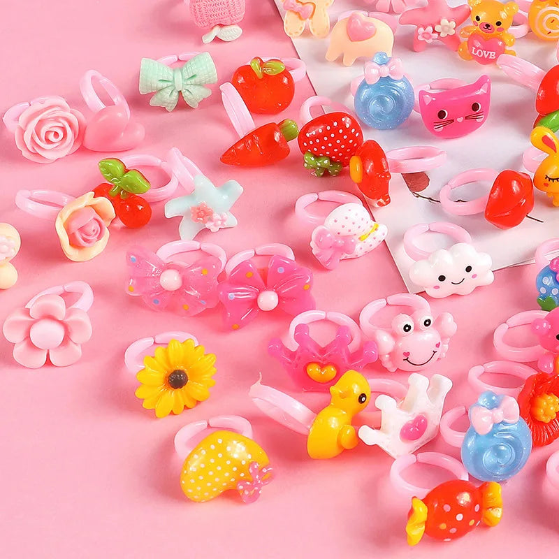 12pcs Ring For Children Jewelry  Colored Multicolor Ring Cute Girls Gifts  Lovely Fruit Scrub Animal Princess Suit Kinds