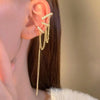 1Pcs Gold Color Shiny Rhinestone Tassel Ear Clips for Women Hollow Three-Layer No Piercing Long Chain Ear Cuff Jewelry
