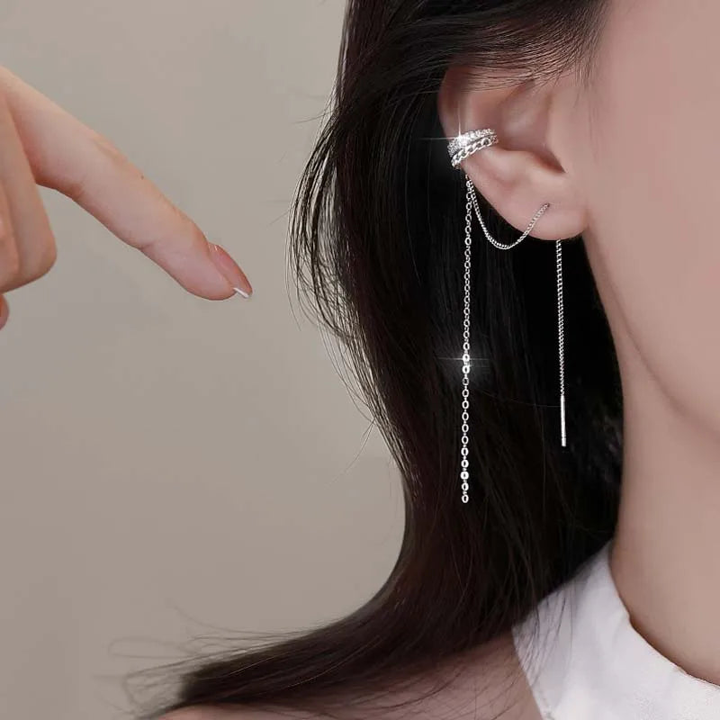 1Pcs Silver Color No-Piecing Zircon Tassel Clip Earring for Women Girl S925 Silver Needle Long Ear Line Ear Cuff Jewelry Gifts