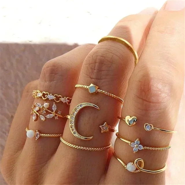 1Sets 5pcs/6pcs/10pcs Crystal Rings Set for Women Vintage Aesthetic Geometric   Lady Jewelry Gift   Rings