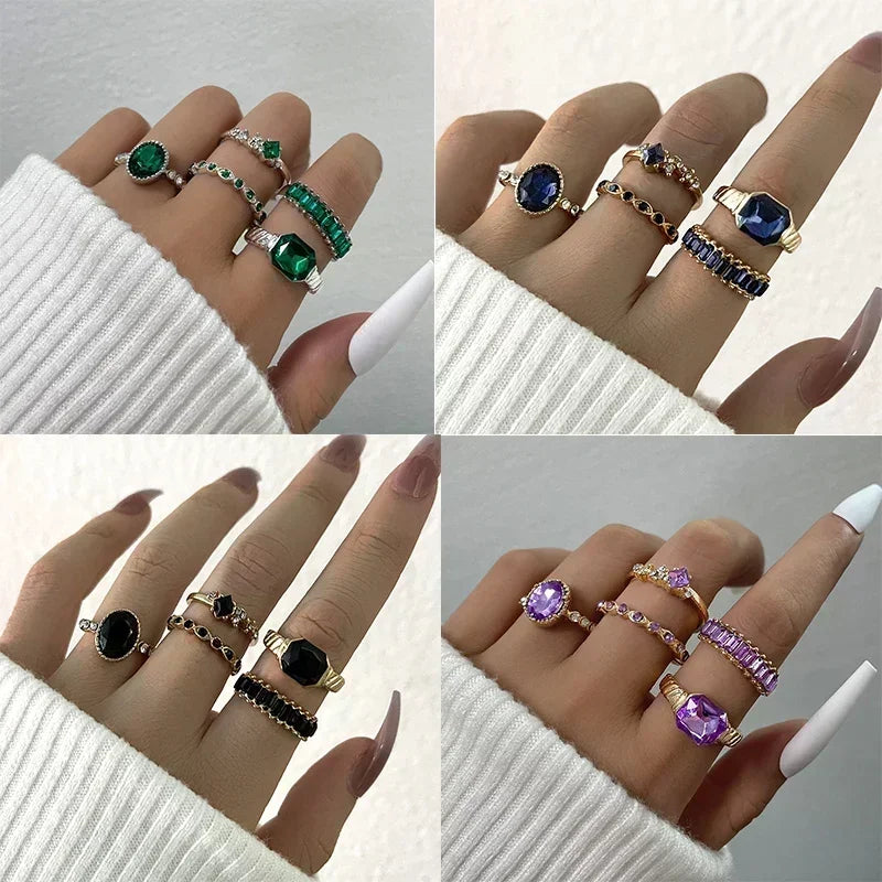 1Sets 5pcs/6pcs/10pcs Crystal Rings Set for Women Vintage Aesthetic Geometric   Lady Jewelry Gift   Rings