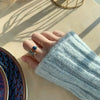 French  Retro Square Blue Oil Dripping Ring  Temperament Simple Opening Ring Women's Jewelry