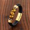 3 Sides Natural Tiger Eye Stone Sports Style Men's Jewelry Bracelet 316L Stainless Steel Black Leather Cord Bracelet