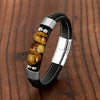 3 Sides Natural Tiger Eye Stone Sports Style Men's Jewelry Bracelet 316L Stainless Steel Black Leather Cord Bracelet