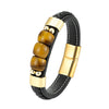 3 Sides Natural Tiger Eye Stone Sports Style Men's Jewelry Bracelet 316L Stainless Steel Black Leather Cord Bracelet