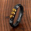 3 Sides Natural Tiger Eye Stone Sports Style Men's Jewelry Bracelet 316L Stainless Steel Black Leather Cord Bracelet