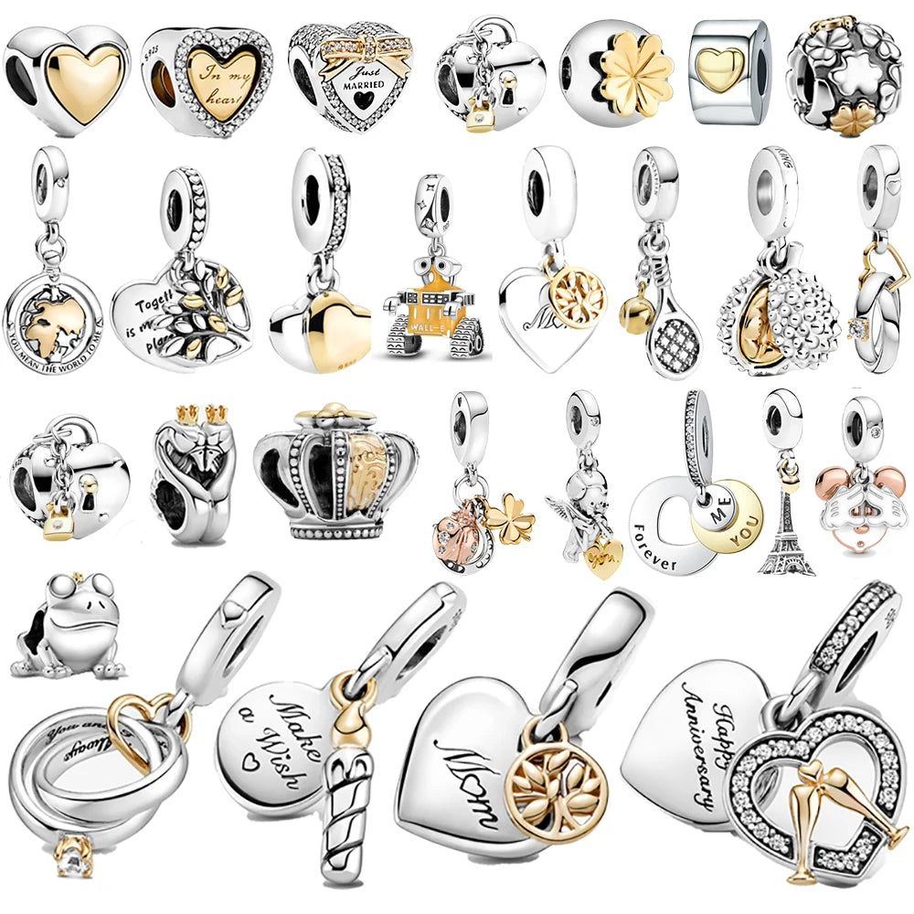 925 Sterling Silver Cartoon Beads Golden Heart Shaped Birthday Charms Fit Original Pandora Bracelet Women DIY Jewelry