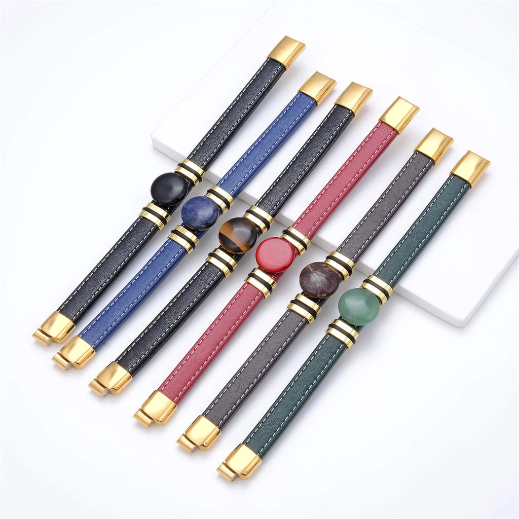 Flat Round Natural Stone Vintage Jewelry Stainless Steel Men's Bracelet Wide Leather Cord Charm Bracelet