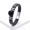 Flat Round Natural Stone Vintage Jewelry Stainless Steel Men's Bracelet Wide Leather Cord Charm Bracelet