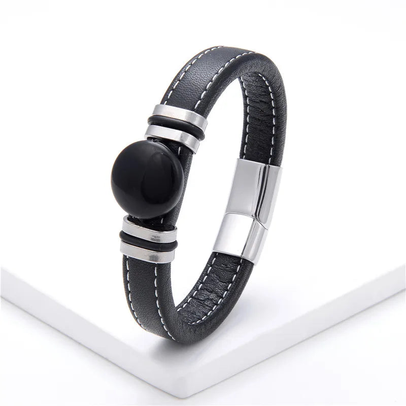 Flat Round Natural Stone Vintage Jewelry Stainless Steel Men's Bracelet Wide Leather Cord Charm Bracelet