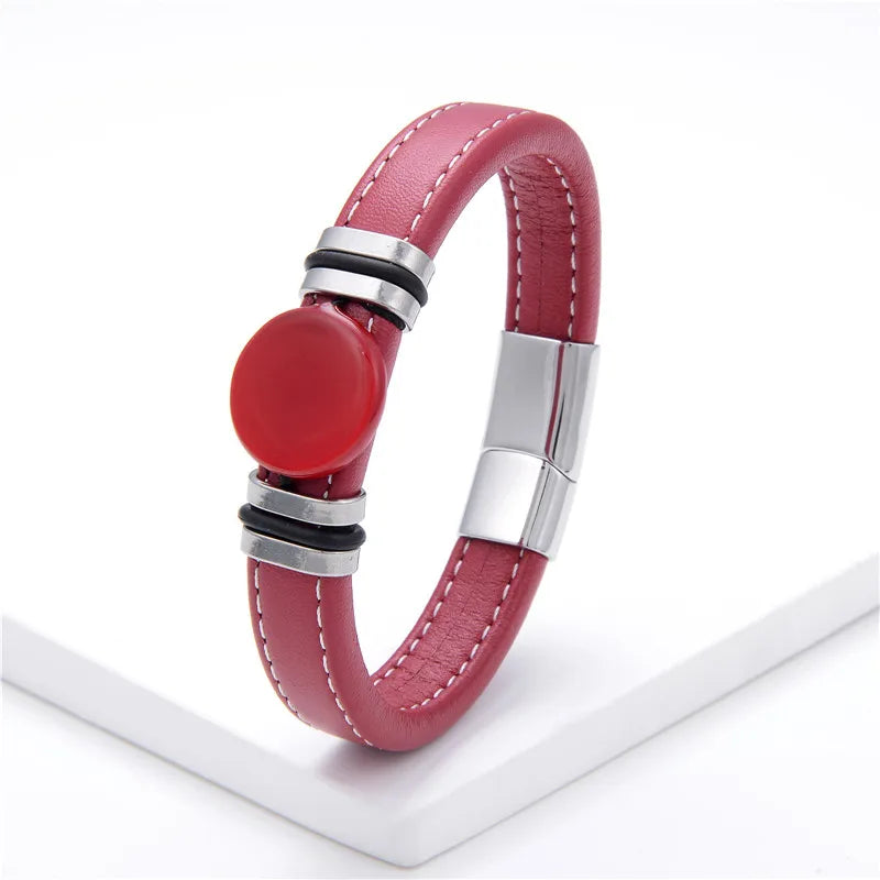 Flat Round Natural Stone Vintage Jewelry Stainless Steel Men's Bracelet Wide Leather Cord Charm Bracelet