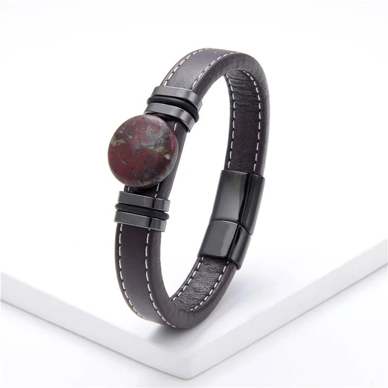 Flat Round Natural Stone Vintage Jewelry Stainless Steel Men's Bracelet Wide Leather Cord Charm Bracelet