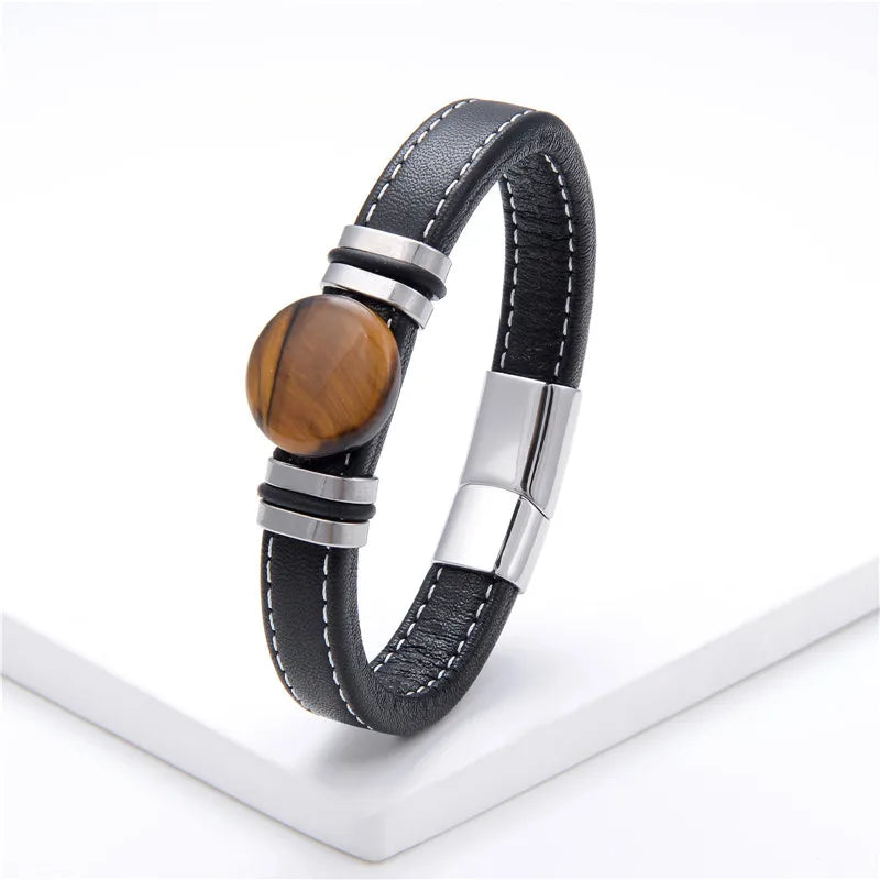 Flat Round Natural Stone Vintage Jewelry Stainless Steel Men's Bracelet Wide Leather Cord Charm Bracelet