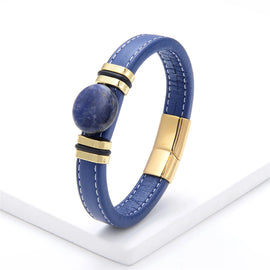 Flat Round Natural Stone Vintage Jewelry Stainless Steel Men's Bracelet Wide Leather Cord Charm Bracelet