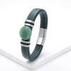 Flat Round Natural Stone Vintage Jewelry Stainless Steel Men's Bracelet Wide Leather Cord Charm Bracelet
