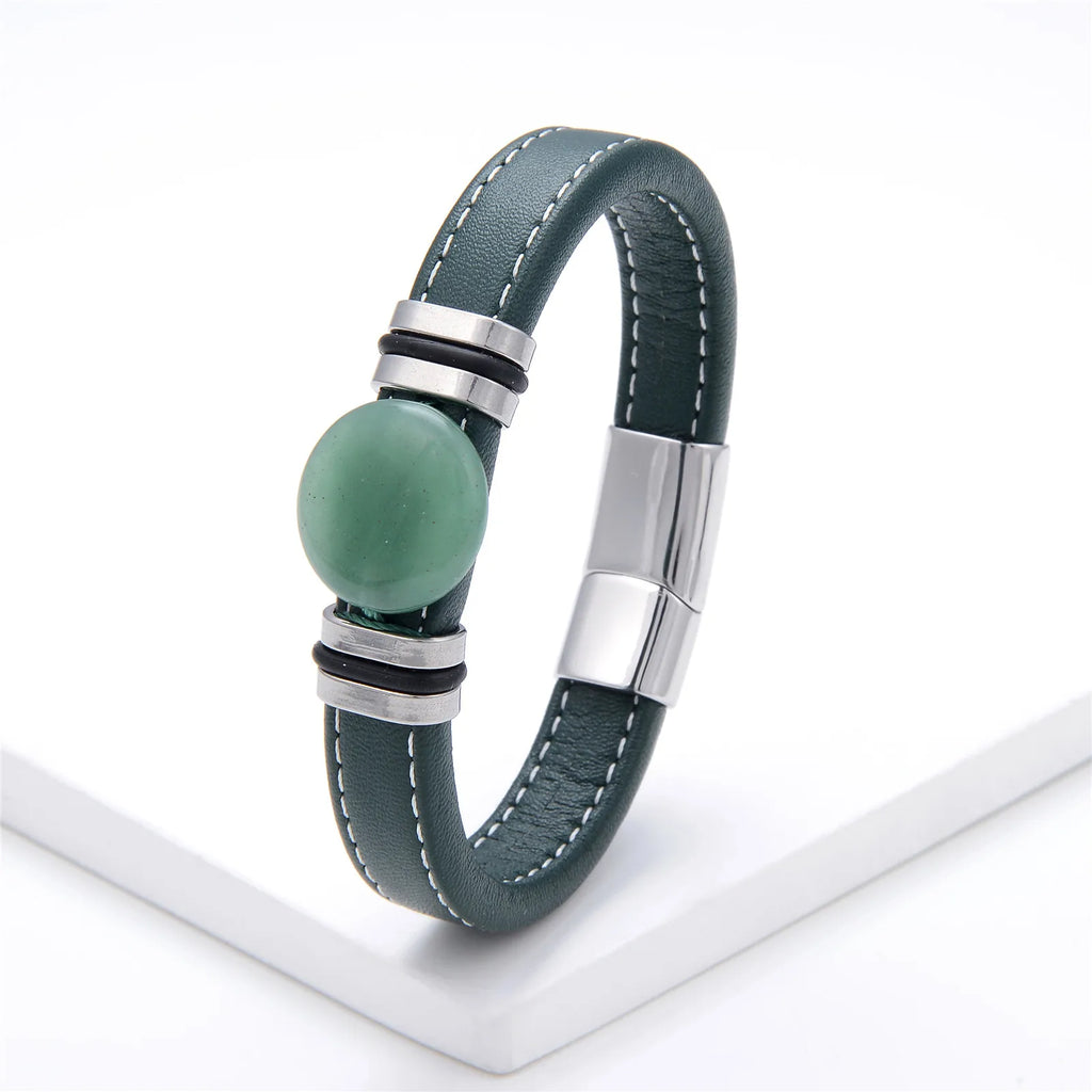 Flat Round Natural Stone Vintage Jewelry Stainless Steel Men's Bracelet Wide Leather Cord Charm Bracelet