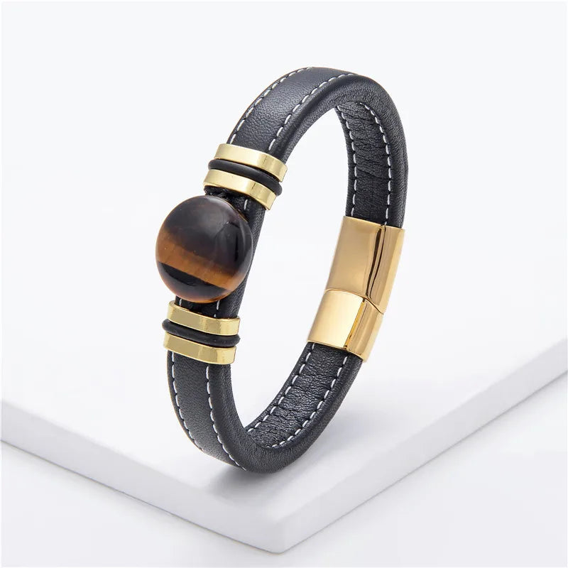 Flat Round Natural Stone Vintage Jewelry Stainless Steel Men's Bracelet Wide Leather Cord Charm Bracelet