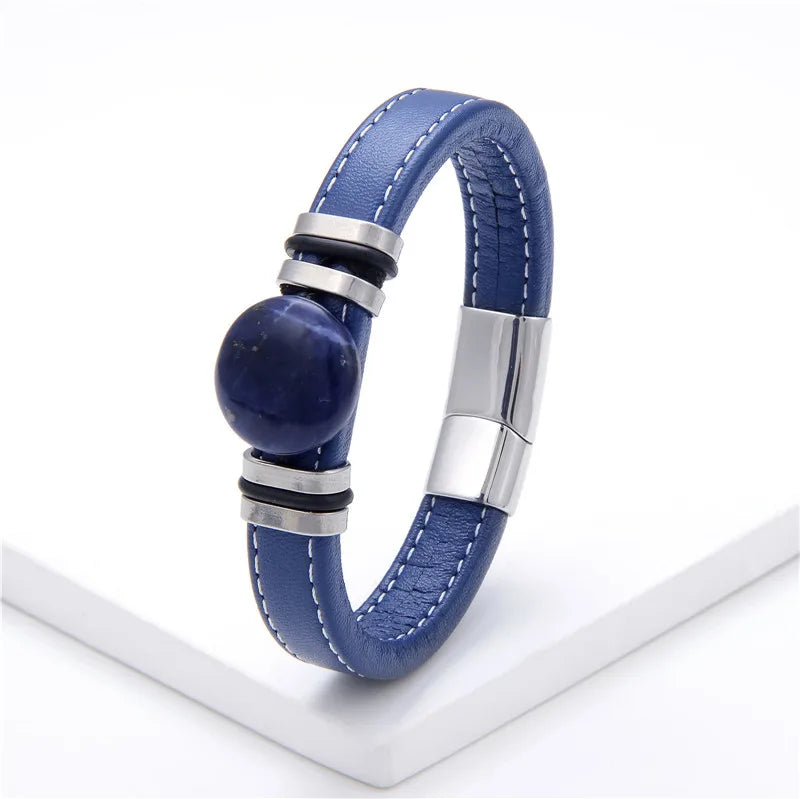 Flat Round Natural Stone Vintage Jewelry Stainless Steel Men's Bracelet Wide Leather Cord Charm Bracelet