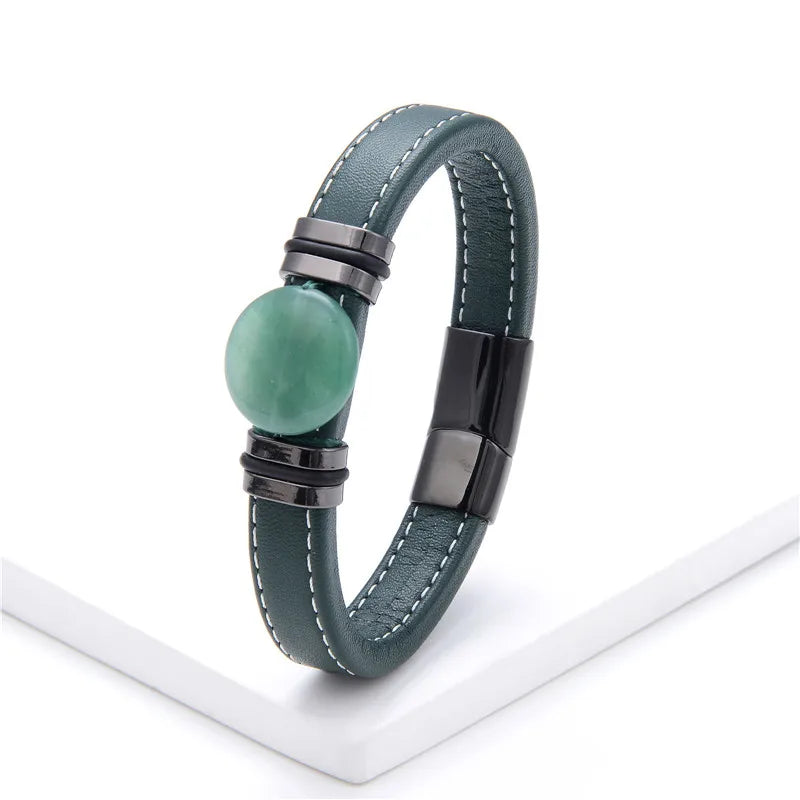 Flat Round Natural Stone Vintage Jewelry Stainless Steel Men's Bracelet Wide Leather Cord Charm Bracelet