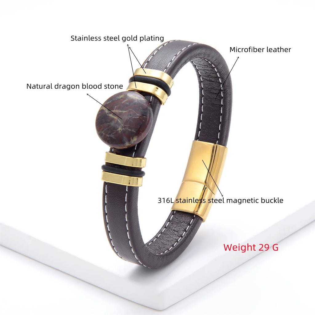 Flat Round Natural Stone Vintage Jewelry Stainless Steel Men's Bracelet Wide Leather Cord Charm Bracelet
