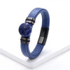 Flat Round Natural Stone Vintage Jewelry Stainless Steel Men's Bracelet Wide Leather Cord Charm Bracelet