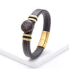 Flat Round Natural Stone Vintage Jewelry Stainless Steel Men's Bracelet Wide Leather Cord Charm Bracelet
