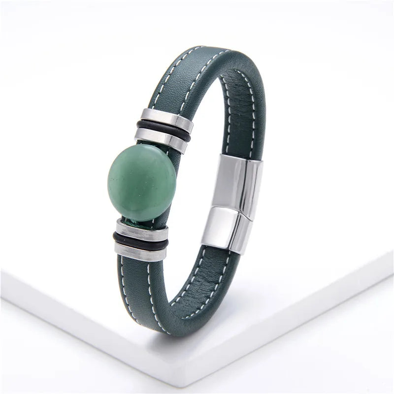 Flat Round Natural Stone Vintage Jewelry Stainless Steel Men's Bracelet Wide Leather Cord Charm Bracelet
