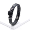 Flat Round Natural Stone Vintage Jewelry Stainless Steel Men's Bracelet Wide Leather Cord Charm Bracelet