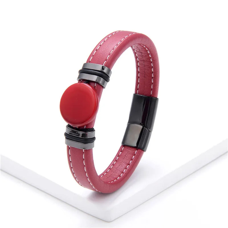 Flat Round Natural Stone Vintage Jewelry Stainless Steel Men's Bracelet Wide Leather Cord Charm Bracelet