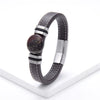 Flat Round Natural Stone Vintage Jewelry Stainless Steel Men's Bracelet Wide Leather Cord Charm Bracelet