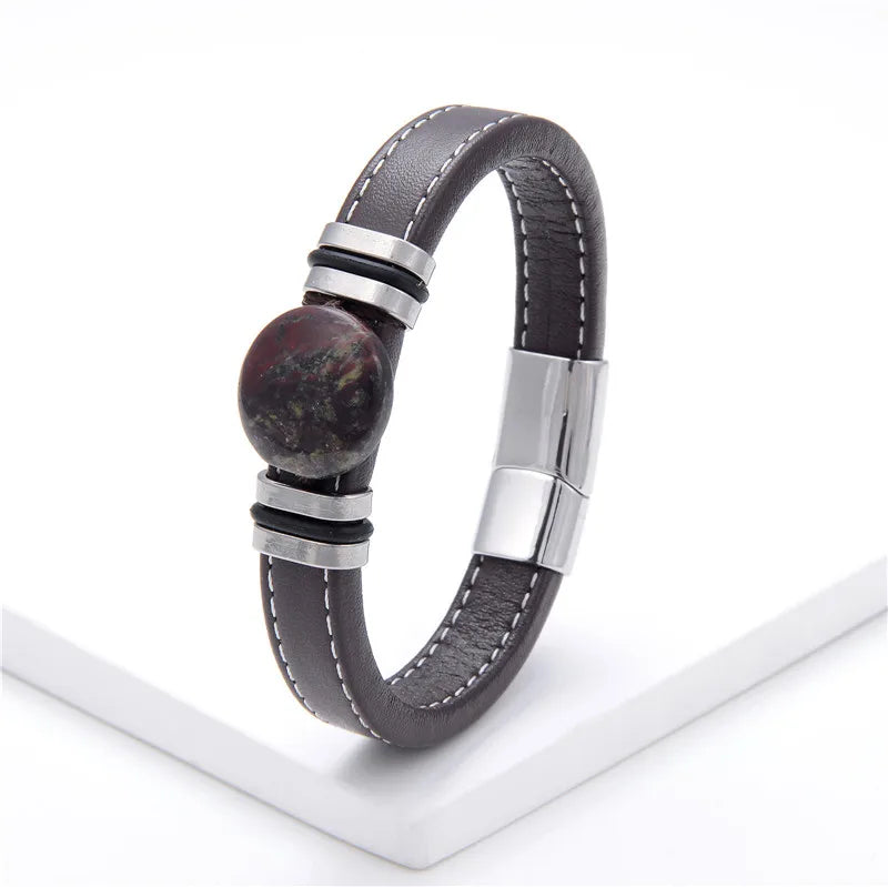 Flat Round Natural Stone Vintage Jewelry Stainless Steel Men's Bracelet Wide Leather Cord Charm Bracelet