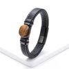 Flat Round Natural Stone Vintage Jewelry Stainless Steel Men's Bracelet Wide Leather Cord Charm Bracelet