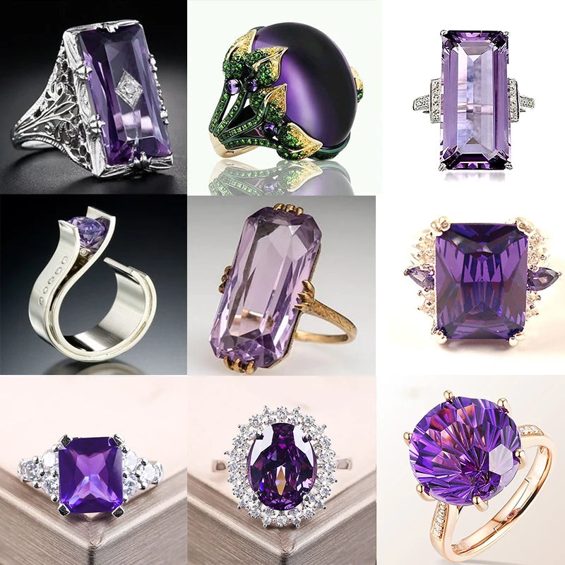 Color Amethyst Women's Ring Large Square Amethyst Cubic Zirconia Rhinestone Ring  Women's Party Jewelry