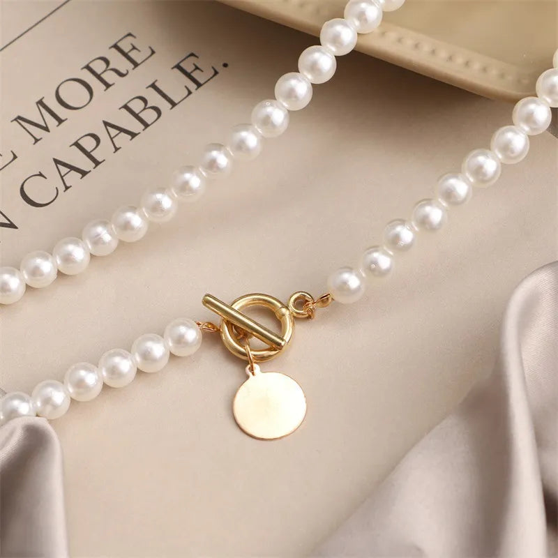 Wedding Pearl Choker Necklace For Women Vintage Coin Lock Pendant Chain Jewelry on the Neck Accessories Party Gift