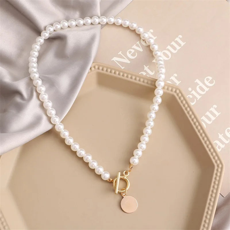 Wedding Pearl Choker Necklace For Women Vintage Coin Lock Pendant Chain Jewelry on the Neck Accessories Party Gift