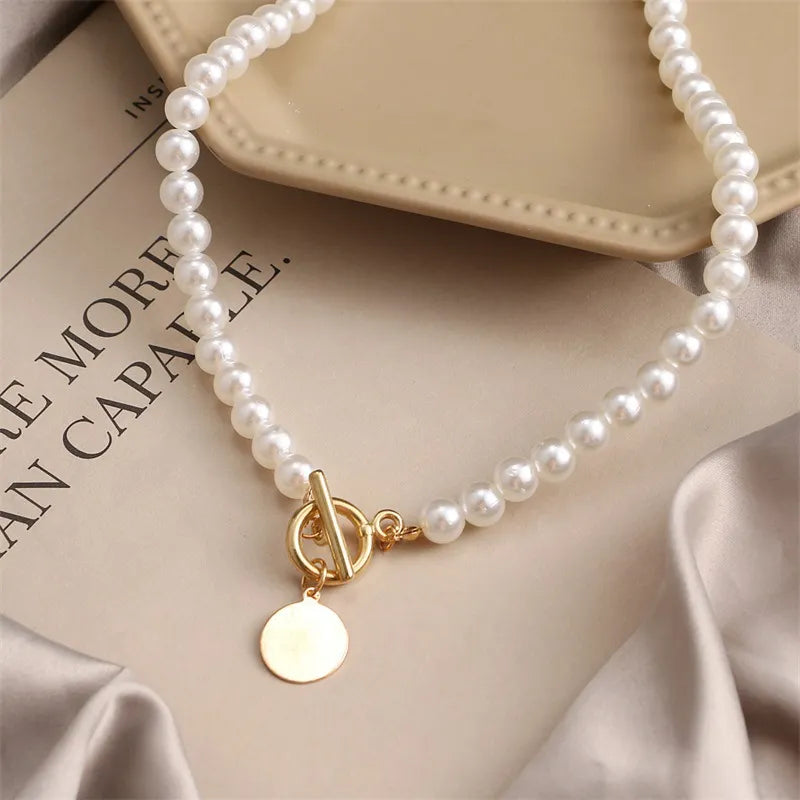 Wedding Pearl Choker Necklace For Women Vintage Coin Lock Pendant Chain Jewelry on the Neck Accessories Party Gift