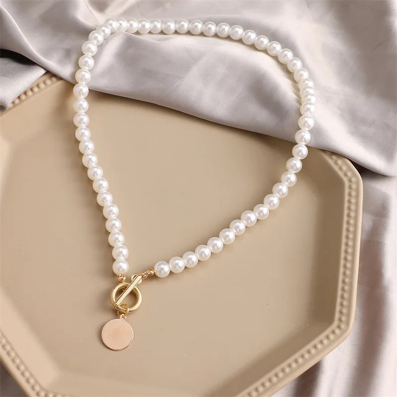 Wedding Pearl Choker Necklace For Women Vintage Coin Lock Pendant Chain Jewelry on the Neck Accessories Party Gift