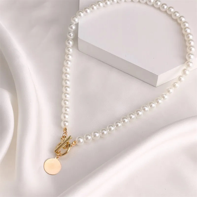 Wedding Pearl Choker Necklace For Women Vintage Coin Lock Pendant Chain Jewelry on the Neck Accessories Party Gift