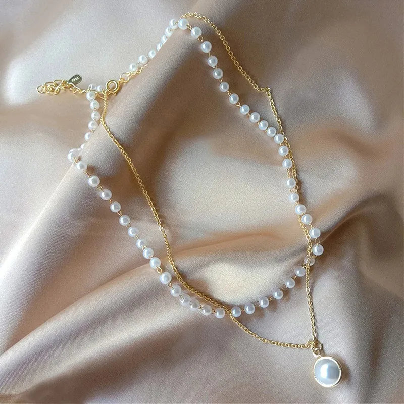 Wedding Pearl Choker Necklace For Women Vintage Coin Lock Pendant Chain Jewelry on the Neck Accessories Party Gift