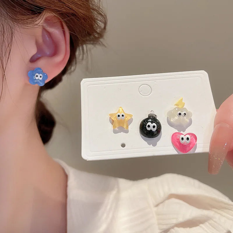 2023 New Cute Resin Cartoon Star Love Heart Stud Earrings for Women Funny Coal Ball Earring Good Girlfriend Jewelry Gift