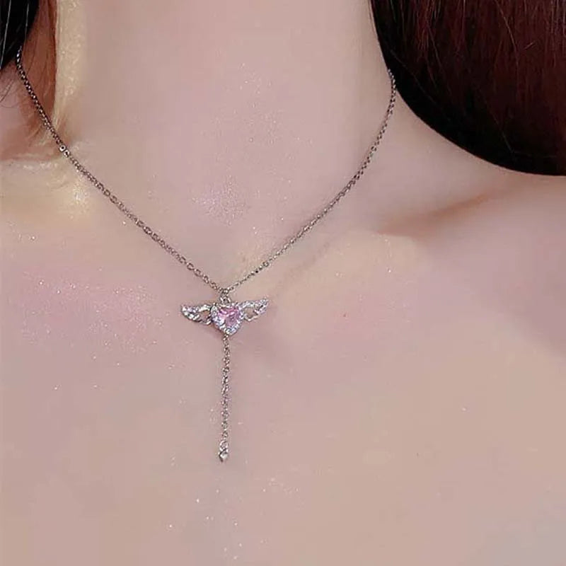 2023 New Pink Crystal Angel Wings Heart Pendant Necklace Earrings for Woman Minimalist Jewelry Girl's Jewelry Set Cupid Arrow