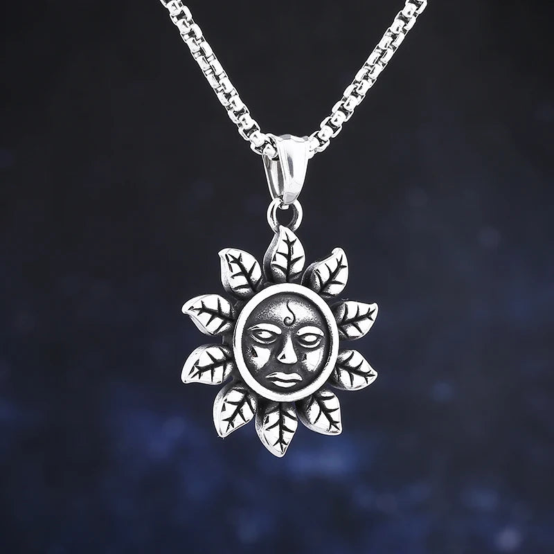 2023 New Stainless Steel Trendy Design Stainless Steel Sun Flowers Skull Face Pendant Nekcklace For Man Women Punk Rock Jewelry