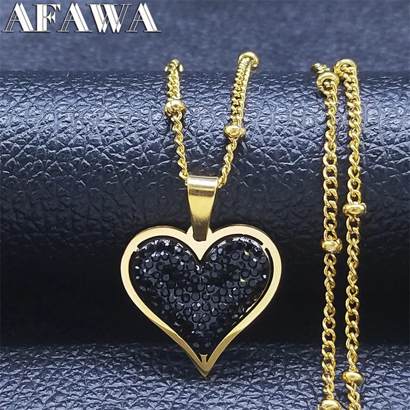 Stainless Steel Black Crystal Heart Necklaces Charm Women Gold Color Small Pendants Necklaces Jewelry bijoux N8261S01