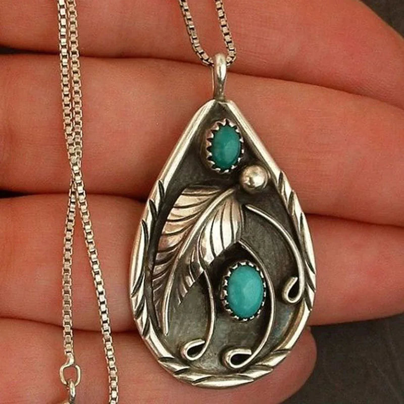 Vintage Leaf Turquoises Stone Pendant Necklace Bohemia Jewelry Statement Water Drop Metal Pendant Women's Necklace